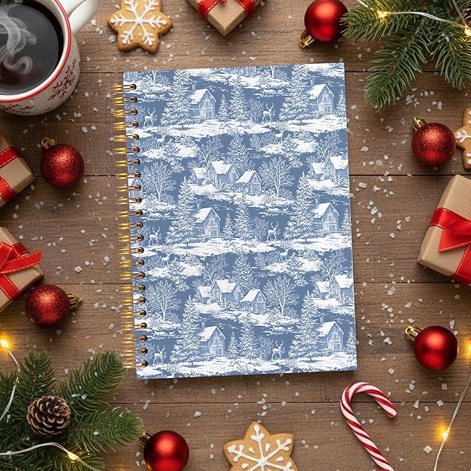 VIIJJUE Chinoiserie Christmas Cottage Notebook for Women, Blue and White Christmas Winter Reindeer Cabin Journal, Toile de Jouy Farmhouse Xmas Hardcover Spiral Notebooks, 5.5x8.3 Inch