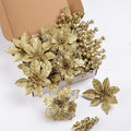 24Pcs Gold Glitter Poinsettia Christmas Tree Ornaments and Glitter Berries Stems, 16Pcs Christmas Artificial Flowers and 8 Pack Christmas Tree Picks for Wedding Holiday Decorations
