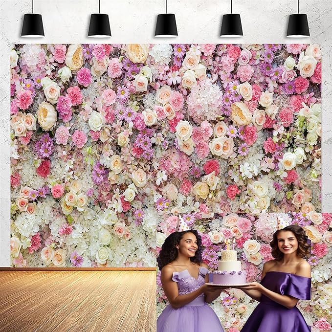 10x10ft Pink Rose Floral Flower Wall Backdrop Girls Wedding Birthday Bridal Shower Kids Portrait Background Photoshoot Cake Table Tea Party Photoshoot Decorations Photo Studio Props