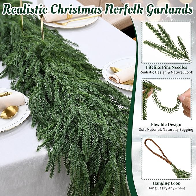 Palonu 2 Pcs 5Ft Artificial Norfolk Garland, Faux Christmas Greenery Touched Like Real Needles Pine, Decoration for Table Mantle Wall Porch Fireplace Indoor Outdoor Winter Holiday Décor
