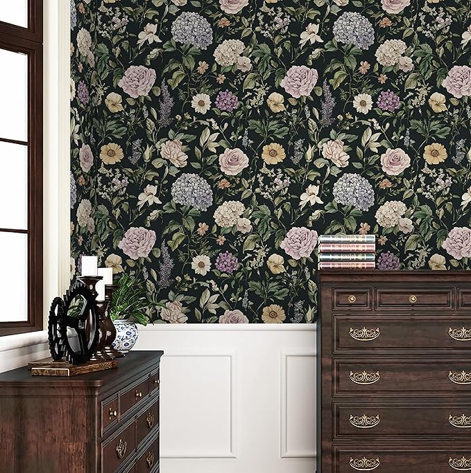 HeloHo Vintage Floral Peel and Stick Wallpaper Boho Contact Paper Dark Flower Self-Adhesive Removable Wallpaper Renter Friendly Botanical Wall Paper for Cabinets Bedroom Vinyl Rolls 17.3"x78.7"