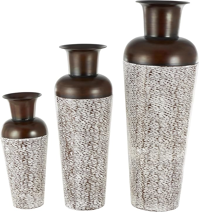 Deco 79 Metal Decorative Vase Tall Spotted Tapered Floor Centerpiece Vases with Brown Trumpet Tops, Set of 3 Flower Vases for Home Decoration 18", 39", 28" H, White