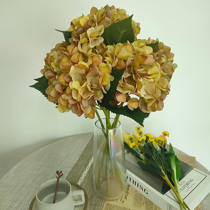 Hydrangea Artificial Flowers,6 Pcs Faux Hydrangea Flowers,Artificial OchreYellow Hydrangeas Flowers with Stems,Fake Hydrangeas,Yellow Silk Flowers with Stems for Home Decor