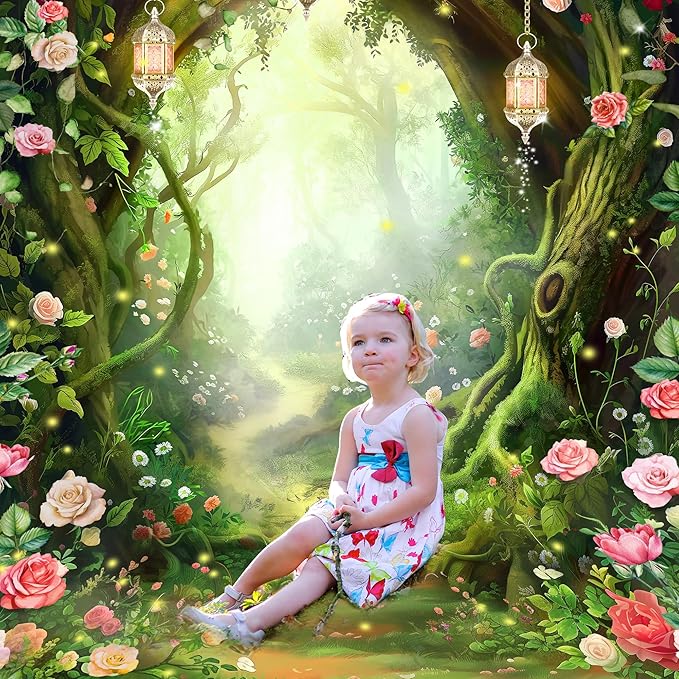 Riyidecor Enchanted Fairy Backdrop Polyester Fabric Greenery Woodland Tale Wonderland Flower Rose Fantasy Spring Nature Tree 5Wx7H Feet Floral Plant Photography Background Birthday Photo Studio Shoot