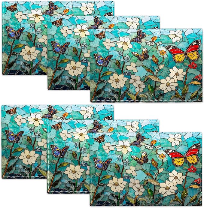 Butterfly Teal Placemats Set of 6, Colorful Stained Glass Place Mats, Rustic Flowers Dining Table Mats, Washable Placemats for Kitchen Dining Room Home Decor 18L'' × 12W''