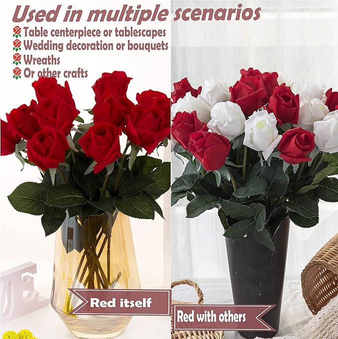12pcs Half Opened Artificial Rose Buds,17 Inch Real Touch Silk Roses with Partially Opened Flowers, Artificial Flower for Home Décor Centerpiece Wedding Bouquet,Red