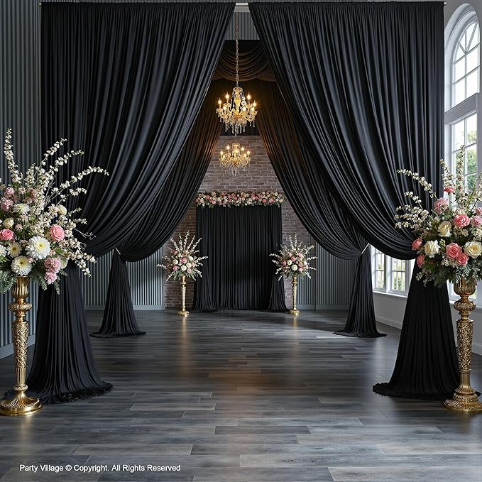 PartyVillage 40ft×15ft Black Backdrop Curtain for Halloween Parties, 8 Panels Wrinkle Free 15 FT Long Polyester Photo Backdrop Drapes Back Drop Cloth for Birthday Photography Background