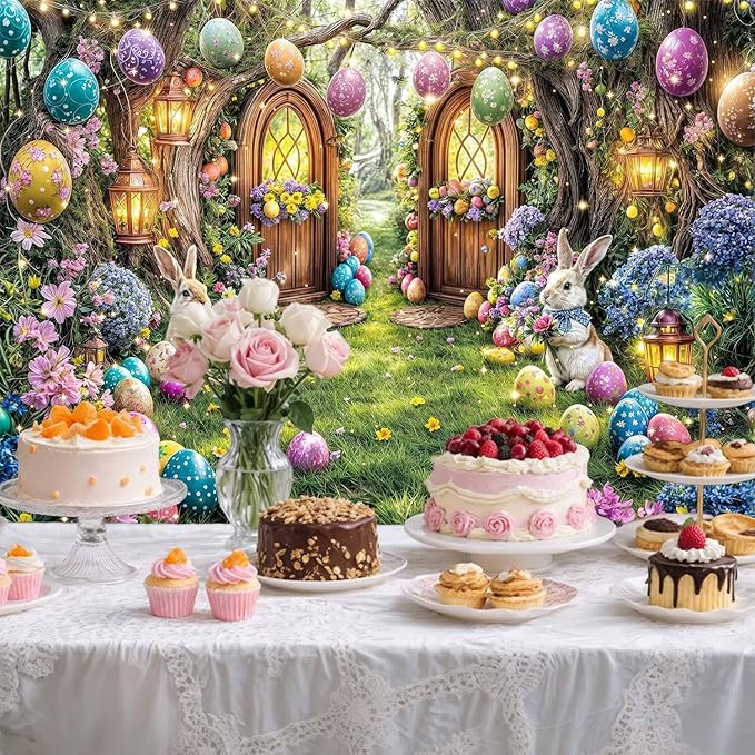 7X5ft Enchanted Forest Easter Backdrop Fairy Tale Rabbit Magic Garden Easter Egg Wonderland Floral Photography Background for Kids Girls Party Decoration Cake Table Photo Booth Props