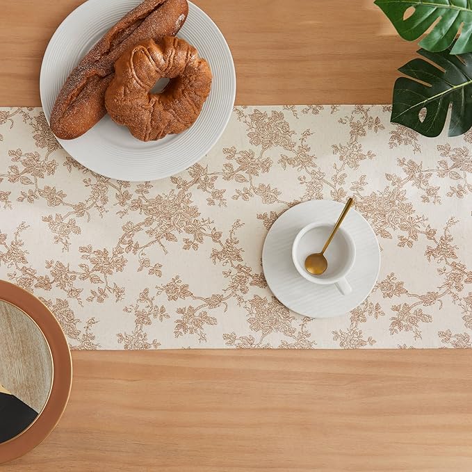 100% Cotton French Pastoral Table Runners, 13x60 Inch Brown Farmhouse Table Runners 60 Inches Long, Vintage Flowers Print Home Decors