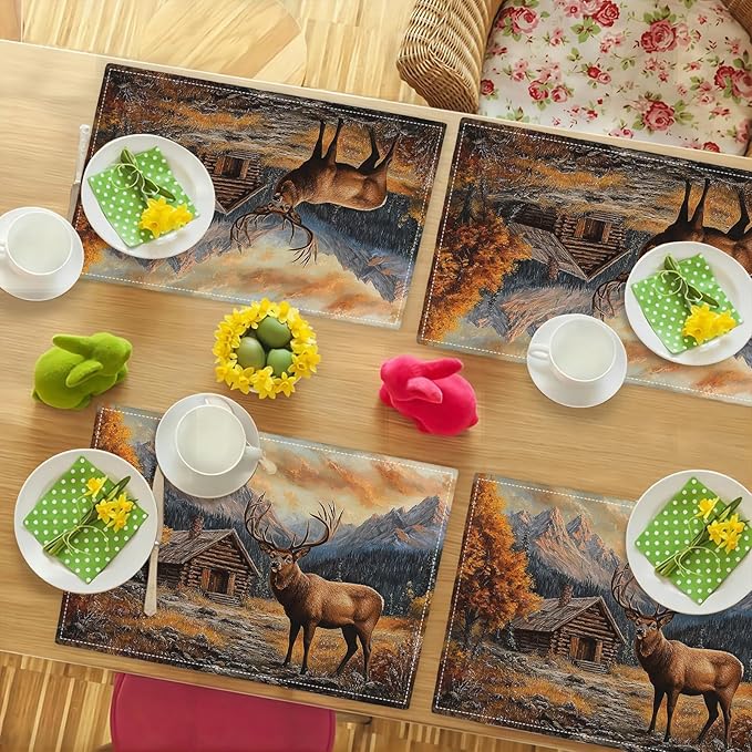 Farmhouse Deer Placemats Set of 6, Country Natural Place Mats, Rustic Forest Lodge Elk Wildlife Dining Table Mats, Washable Placemats for Kitchen Dining Room 18L'' × 12W''
