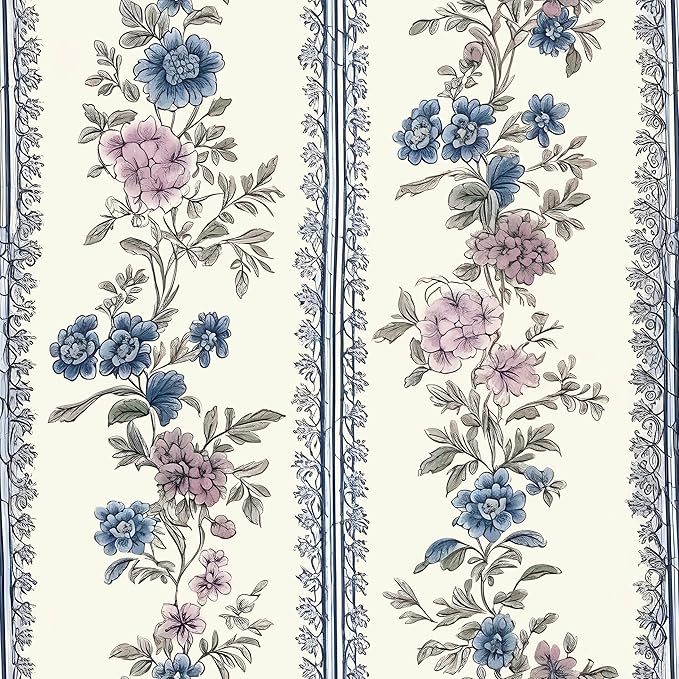 Vintage Floral Wallpaper Peel and Stick Boho Wallpapers 17.5in x32.8ft Blue/Beige Floral Wall Mural Vinyl Removable Self Adhesive Nursery Modern Wallpaper for Bookshelf Cabinets Bathroom Walls