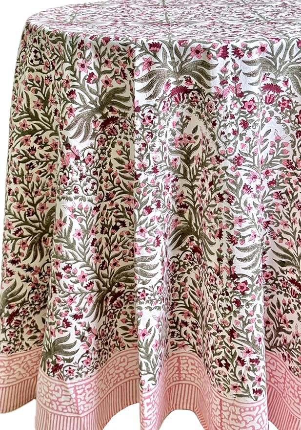 ATOSII Nargis Pink 100% Cotton Round Block Print Summer Tablecloth, Floral Table Cloth Linen for Dining Parties Weddings Outdoors Holidays I 90" Inches Round, 6 Seater I Grandmillennial Farmhouse Boho