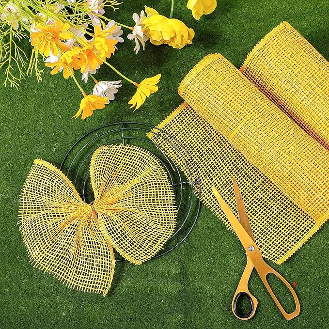 Chuangdi 4 Rolls Spring Poly Burlap Mesh Poly Burlap Deco Ribbon Mesh Roll for Summer Easter 4th of July DIY Flower Wreath Garland, 10 Inch(Yellow)