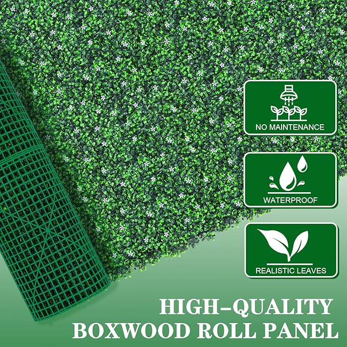 48"x 144"(47 sq.ft) Artificial Boxwood Roll Panels with Flowers, UV-Anti Faux Ivy Leaves Privacy Fence Screen, Grass Wall Roll Panels for Indoor Home Decor and Outdoor Garden Backyard