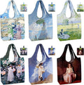 BeeGreen Oil Painting Reusable Grocery Bags 6 Pack, Heavy Duty Totes for Women, Foldable Grocery Bag Large Shopping Totes with Handles for Work, Travel, Gift, Polyester Washable Reusable Tote Bag