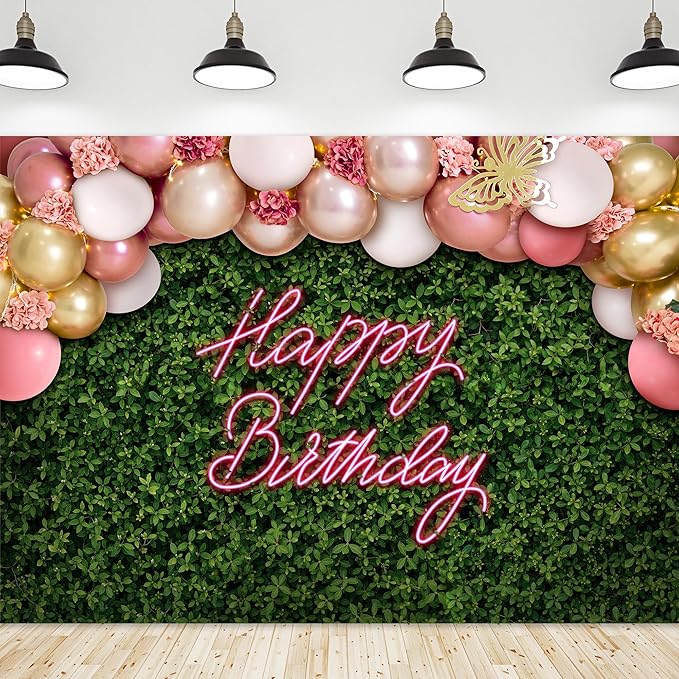 Riyidecor Green Leaves Happy Birthday Backdrop Polyester Fabric Neon Balloon Pink Flower Floral Butterfly Botanical Plant Bday 7Wx5H Feet Women Girls Photography Background Birthday Photo Studio Shoot