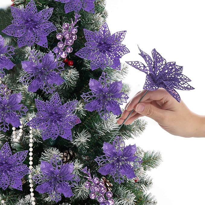 22Pcs Christmas Poinsettia Artificial Flowers and Glitter Berries Stems Kit, 16Pcs Glitter Christmas Tree Flowers Ornaments and 6 Pack Christmas Tree Picks for Wedding Xmas Holiday Decorations(Purple)