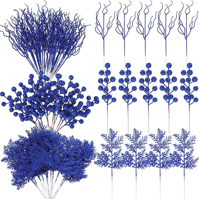 75 Pcs Christmas Glitter Branches 3 Styles Artificial Christmas Picks Berries Stems Pine Needles Floral Twig Spray for Xmas Tree Ornaments DIY Wreath Garland(Blue)