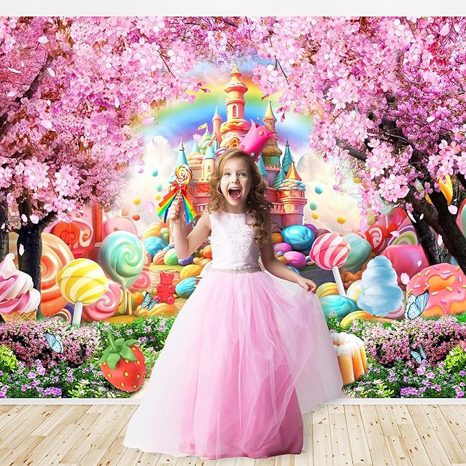 Riyidecor Princess Candyland Castle Backdrop Pink Fairy Sakura Rainbow 7Wx5H Feet Flower Floral Fantasy Tale Wonderland Photography Background Birthday Wedding Photo Studio Shoot Polyester Fabric