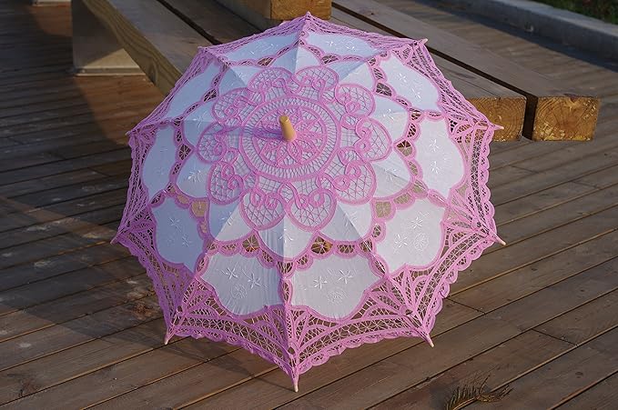 Handmade Pink and White Lace Parasol Umbrella Wedding Bridal 30 Inch Adult Size