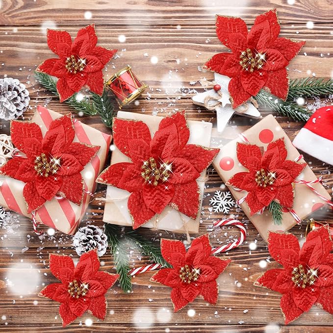 WILLBOND 24 Pcs 3 Size Poinsettia Flower Artificial Christmas Decor Glitter Poinsettia Christmas Ornaments Faux Flowers for Xmas Tree Outdoor(4/6/7.9 Inches,Red)