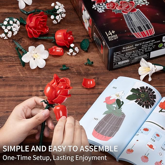 Roses Flower Bouquet Building Blocks Set with Vase, Women Men Teen Girls Gifts for Christmas, 1077PCS Botanical Collection Artificial Flowers Birthday Gifts for Her Him Wife Husband Mom Grandma Adults