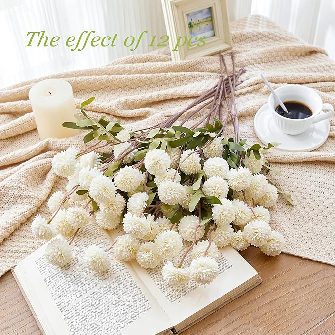 SITUMEIZI White Flowers Faux Mum White Artificial Flowers Fake Mums Silk Pompon Mini Chrysanthemum 6Pcs for Home Party Wedding Decorations