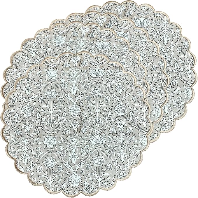 Ridhi Bo-ho Round Place Mat Easter Floral Cotton Washable Placemats 15" Round Embroidery Block Print Table Mat (Pack of 4-15 Inch Round, Taupe)