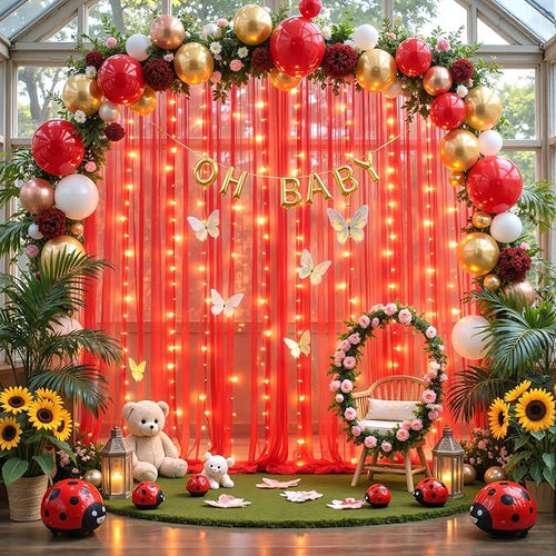 10ft x 8ft Red Tulle Photo Backdrop Curtain with Lights String for Christmas Party Red Sheer Curtain Backdrop Drapes for Birthday Party Wedding Holiday Photo Booth Background Home Room Decorations