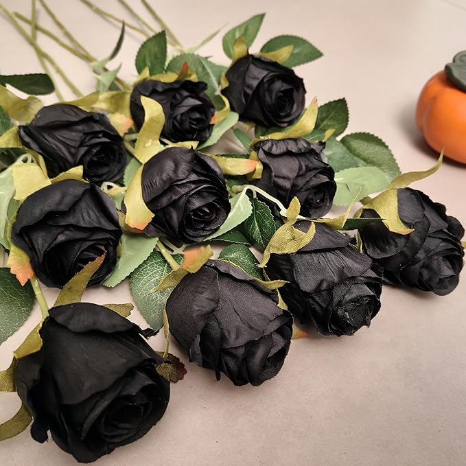 Artificial Roses 10 Pcs - Lifelike Single Stem Fake Roses with Natural Petal Texture,Fade-Resistant Silk Flowers for Wedding Decor,Home Vase Arrangements,Party Centerpieces(10, Black)