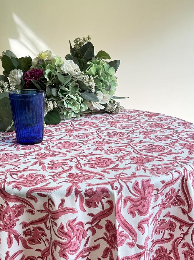 ATOSII Red Bloom 100% Cotton Round Boho Fall Tablecloth, Handblock Floral Table Cloth Linen for Kitchen Dining I Parties Wedding Outdoors Thanksgiving Easter Picnic I Fall Home Decor 90" Inches Round