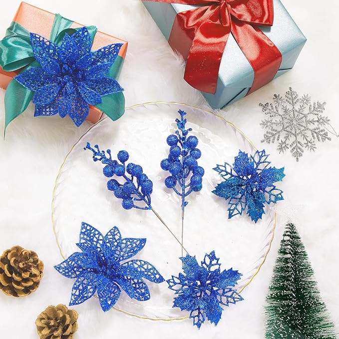 Zhuqing 22Pcs Christmas Poinsettia Artificial Flowers and Glitter Berries Stems Kit, 16Pcs Christmas Tree Flowers Ornaments and 6 Pack Christmas Tree Picks for Wedding Holiday Decorations (Royal Blue)