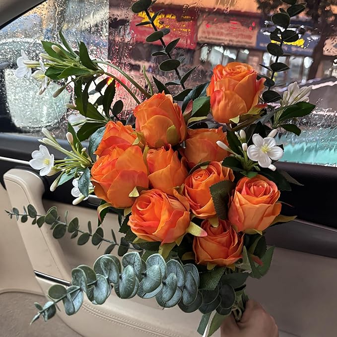 Artificial Roses 10 Pcs - Lifelike Single Stem Fake Roses with Natural Petal Texture,Fade-Resistant Silk Flowers for Wedding Decor,Home Vase Arrangements,Party Centerpieces(10, Orange)