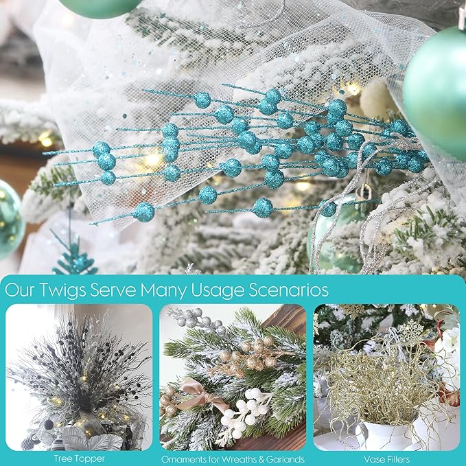 Sea Team 24-Pack Artificial Glitter Berry Stem Ornaments, Decorative Bead Sticks, Glittery Twigs, Picks, Branches for Christmas Tree, Small Vase, Holiday, Wedding, Party (17 Inches, Turquoise)