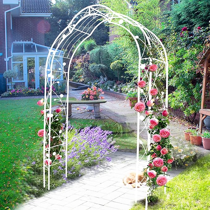 Metal Garden Arch, Assembly Garden Arbor Trellis Climbing Plants Support Rose Arch Outdoor Wedding Arch Party Events Archway (W59'' x H98.4'', Cream White)