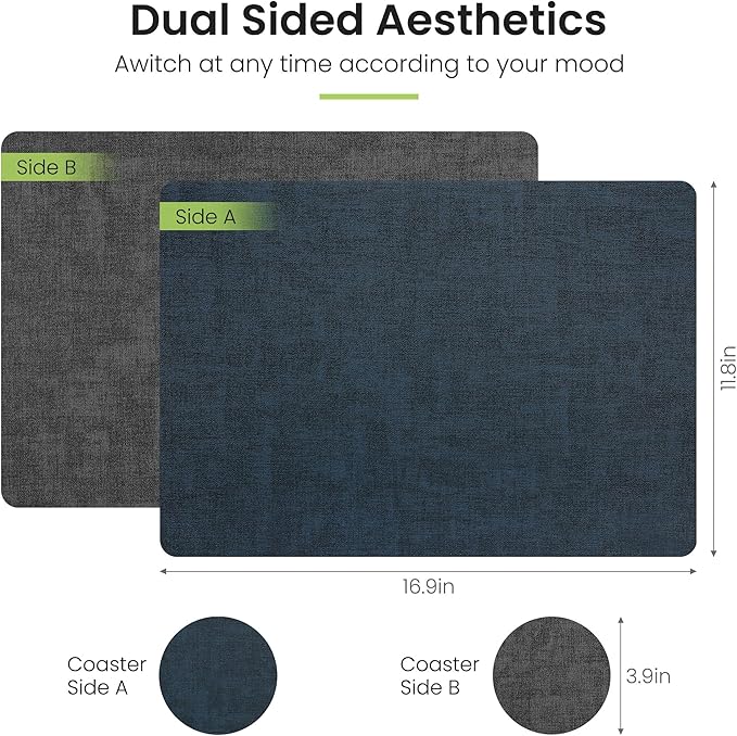 Placemats Set of 6, Faux Leather Heat Resistant Wipeable Placemats, Dual Sided Waterproof Washable Table Mats with Coaster, Suitable for Kitchen, Dining, Table Decor (6, Black Navy Blue)