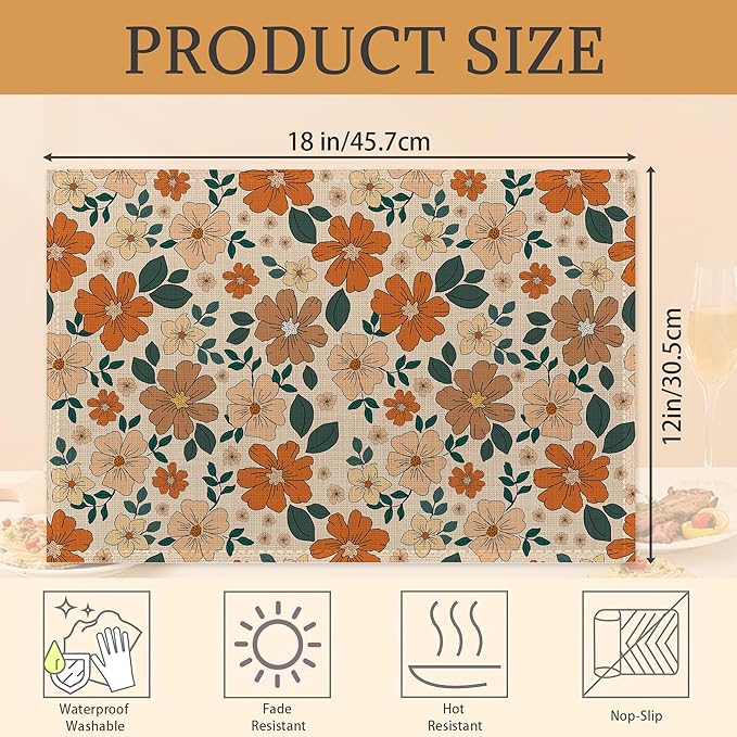 70s Retro Floral Flowers Placemats Set of 6 Washable Table Mats for Kitchen Dining Table,Heat-Resistant Place Mats for Indoor Outdoor Party Holiday Decoration