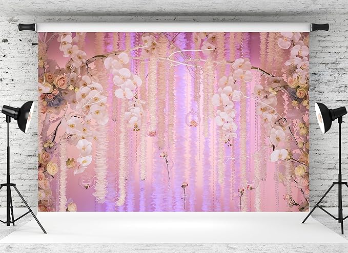 10x8ft Pink Floral Orchid Rose Backdrop Wedding Party Decoration Romantic Flower Wall Hanging Drapes Photo Booth Background for Birthday Baby Shower Engagement Anniversary Bridal Shower