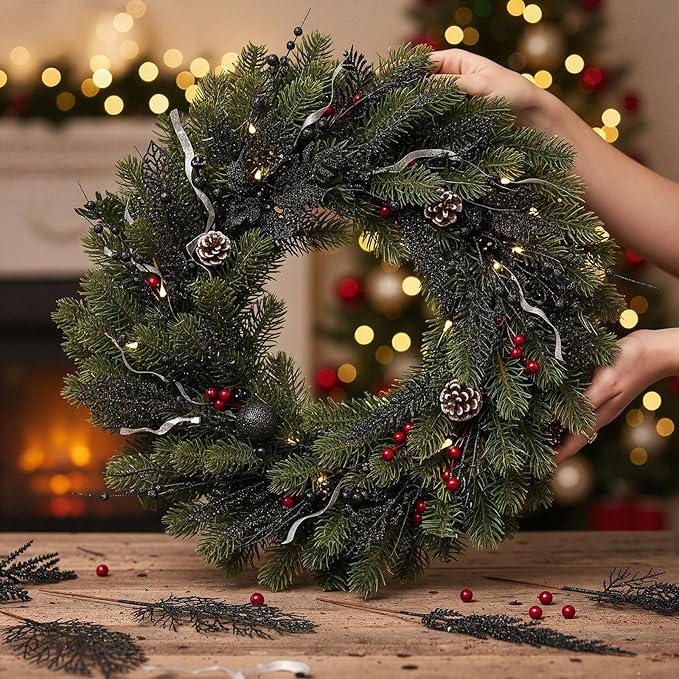 30 Pcs Artificial Christmas Tree Picks and Sprays Glitter Berry Stem Branches Holly Floral Picks Twigs Christmas Tree Ornaments for DIY Xmas Wreath Vase Filler Decorations(Black)