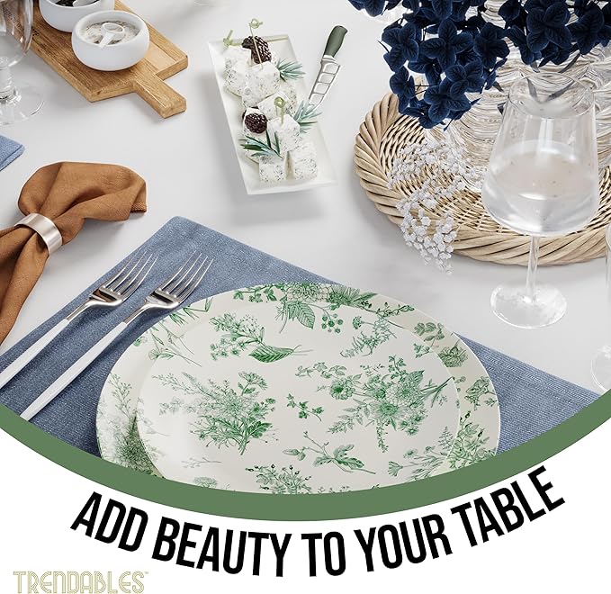 Trendables Plastic Disposable Plates Set I 8 Inch Dessert Plates & 10 Inch Wedding Party Plates | Ivory & Green Verdure Design (40)