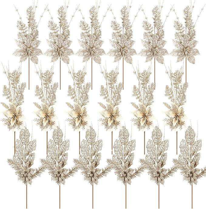 18 Pack 3 Styles 17 Inch Christmas Glitter Poinsettia Berry Stems Ornaments Artificial Floral Branches Picks for Christmas Tree Home Vase Holiday Party Decor(Champagne)