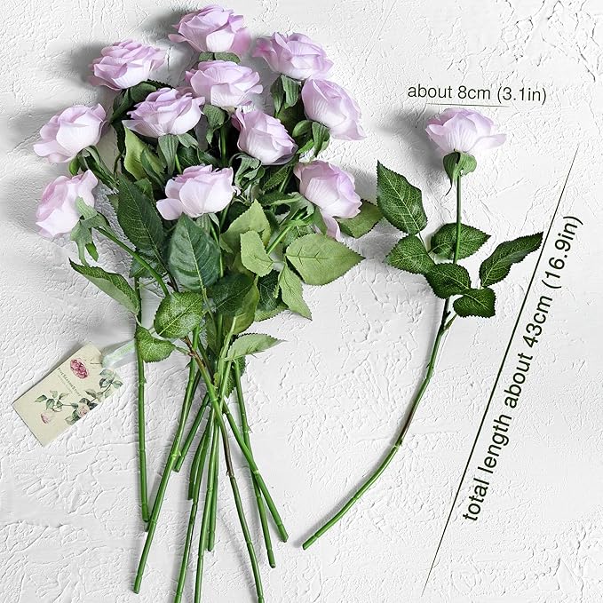 FiveSeasonStuff Real Touch Roses Artificial Flowers, Wedding Silk Flowers Bouquet & Floral Arrangement 12 Stems (Pale Lavender)