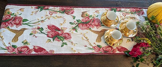 Tache Floral Red Roses Birds Ivory Woven Table Runner - Vintage Tapestry Kitchen Dining Dinner Linens Cloth - 13 x 72 inches