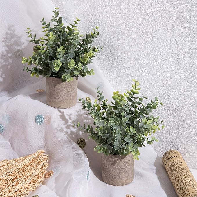 2pcs Artificial Eucalyptus Potted Plants Small Fake Plants in Pots Faux Eucalyptus Potted Plant Set for Home Shelf Decoration Office Table Desktop Decoration