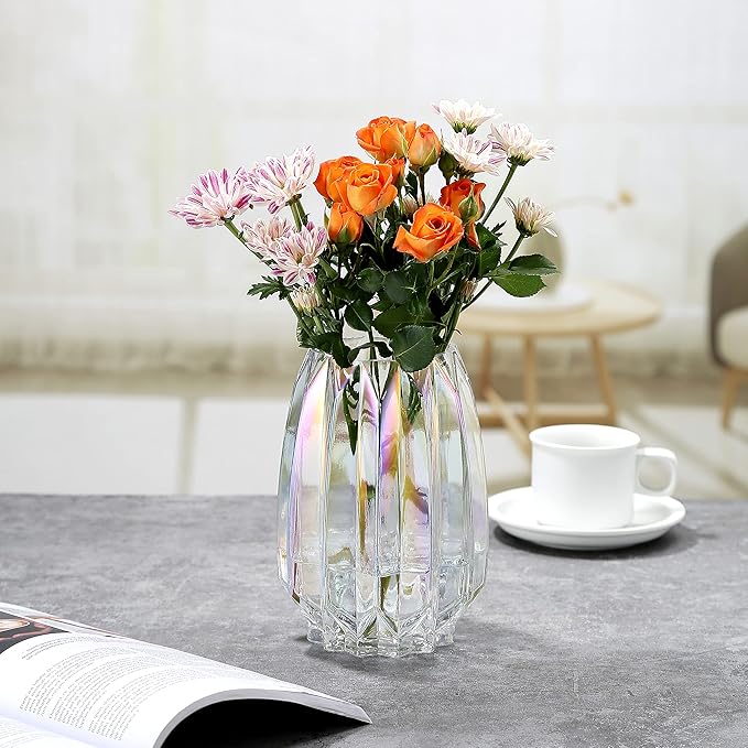 Glass Vase - Modern Ribbed Glass Vase for Flowers, Candles, and Decorative Accents -Black Grey, Amber, Clear and Colored Tall/Short Glass Vase for Centerpieces Home Table Decor (Colored, H-7.87inch)