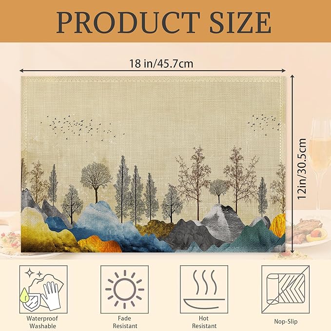 Trees with Mountains Placemats Set of 6 Washable Table Mats for Kitchen Dining Table,Heat-Resistant Place Mats for Indoor Outdoor Party Holiday Decoration（Landscape）