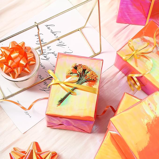 LeZakaa Orange Wrapping Paper Roll - Holographic Iridescent Wrapping Paper for Birthday, Chritsmas, Holiday - 17 inches x 32.8 Feet (47.23 sq.ft.)