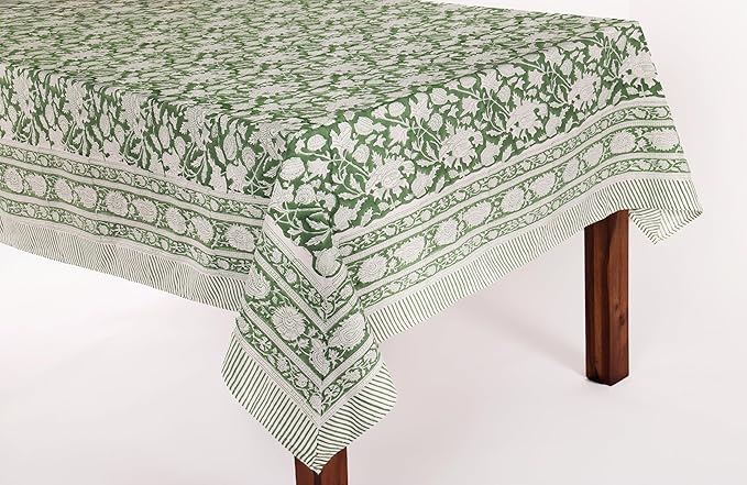 ATOSII Meraki Green 100% Cotton Spring Summer Tablecloth, Block Print Rectangle Table Cover - Dining, Parties, Outdoors, Weddings, Grand Millennial Decor 60 X 60 Inches I 4 Seater I