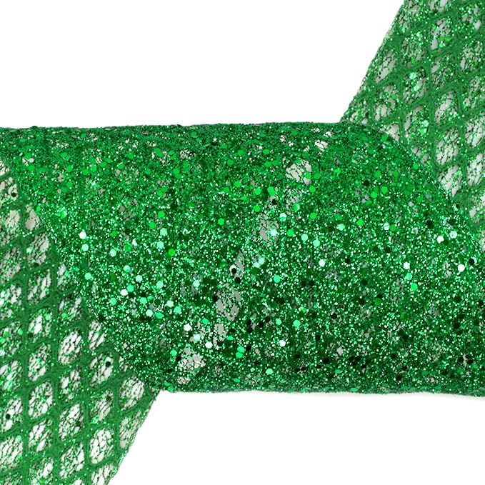 VATIN 6" Green Christmas Ribbon, Green Glitter Mesh Diamond Web Sequin Dots Wired Christmas Ribbon for Gift Wrapping Bow Making Wreath Supply-10 Yards