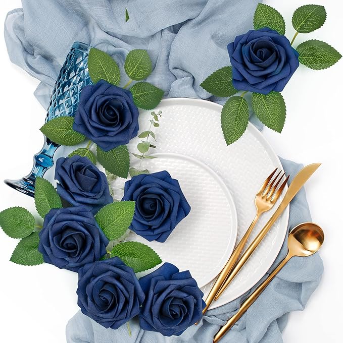 Mocoosy 50Pcs Roses Artificial Flowers, Navy Blue Fake Roses for Decorations, Real Touch Foam Rose Bulk with Stems DIY Wedding Bouquets Bridal Shower Centerpieces Floral Arrangements Party Home Decor